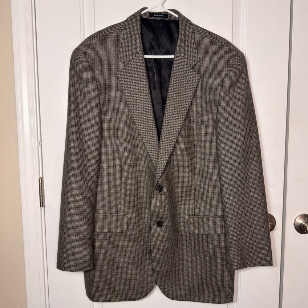 Chaps Lambswool Blazer Sport Coat Brown Grey Houndstooth Mens 44R Vintage